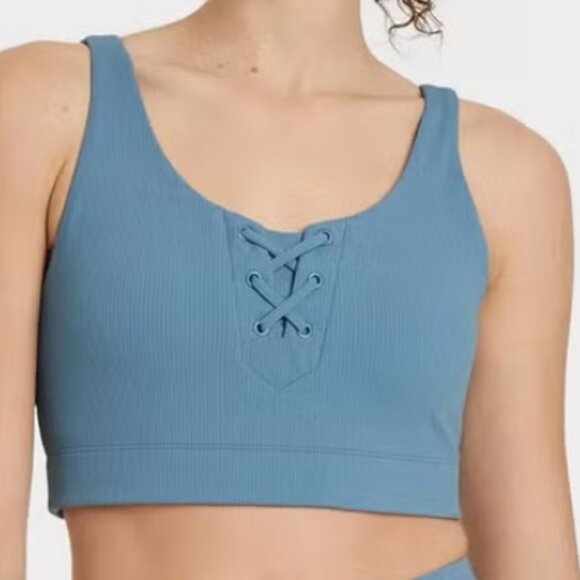 Joy Lab Sports Bra Size XS Blue Cross Front Detail Ribbed Wide Strap NEW - Picture 1 of 6